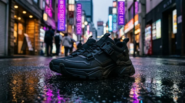 Futuristic black platform streetwear sneakers resting on wet asphalt street with neon city reflections