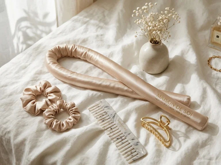 100 percent Mulberry silk heatless hair curling ribbon rod with matching scrunchies and hair claw clip on vanity