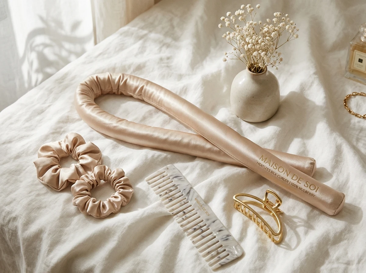 100 percent Mulberry silk heatless hair curling ribbon rod with matching scrunchies and hair claw clip on vanity