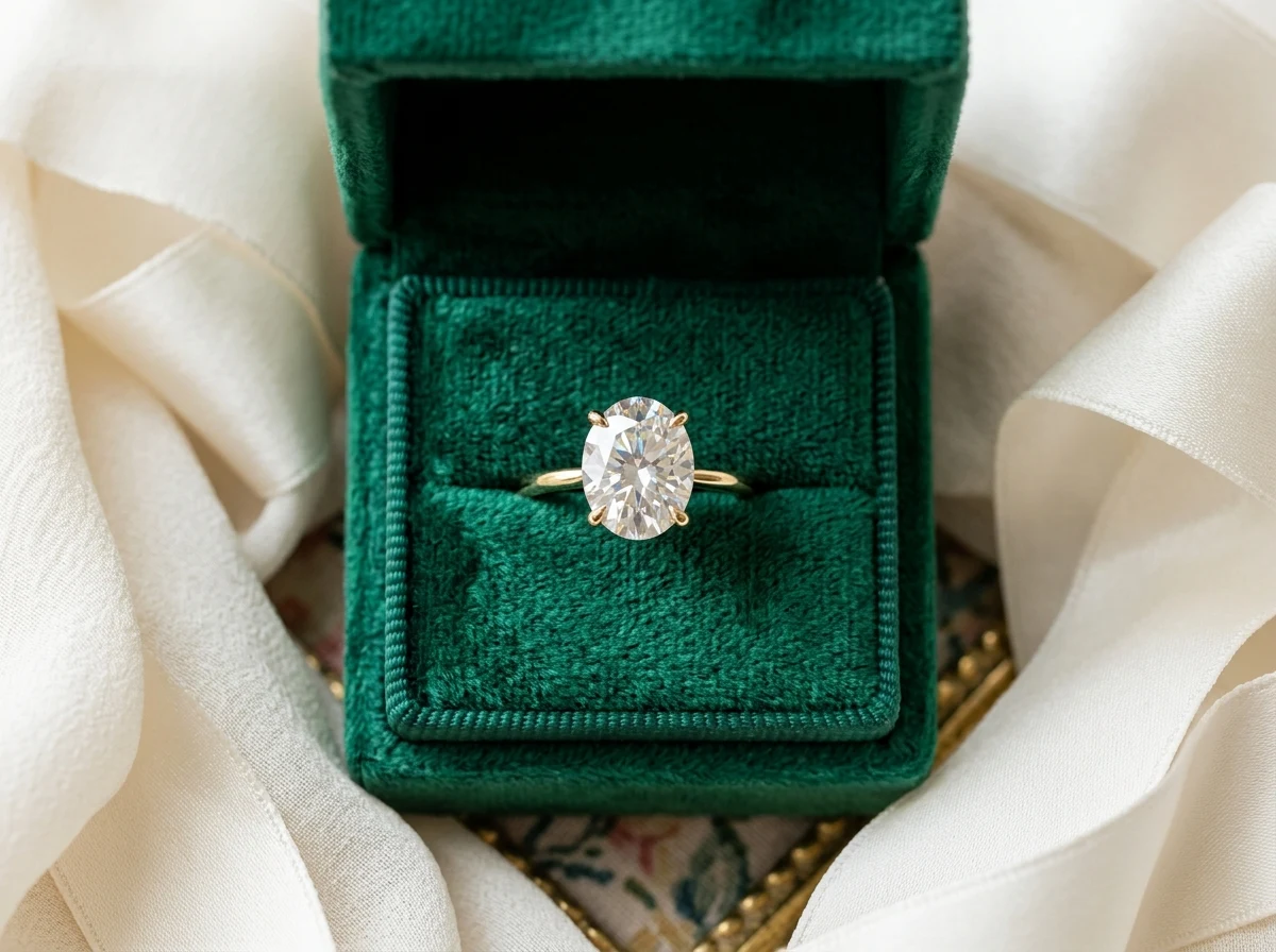LaneWoods Jewelry colorless oval-cut VVS moissanite engagement ring with hidden halo in luxury lighted green gift box