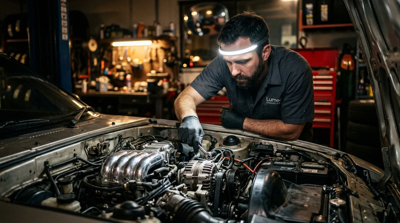 Lumeo Pro wide-beam LED headlamp and Black Diamond Storm technical headlamp illuminated on a garage workbench