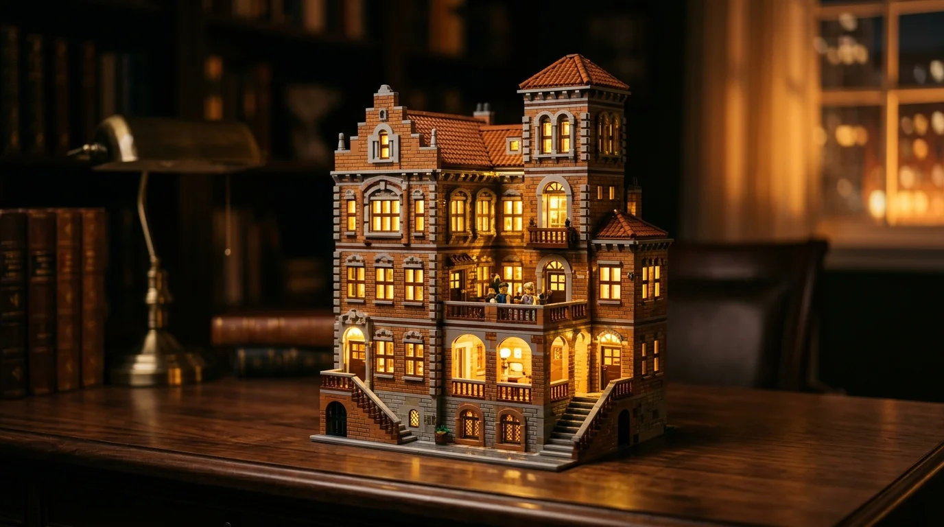 Illuminated architectural brick building model glowing with warm interior Lumibricks LED lighting