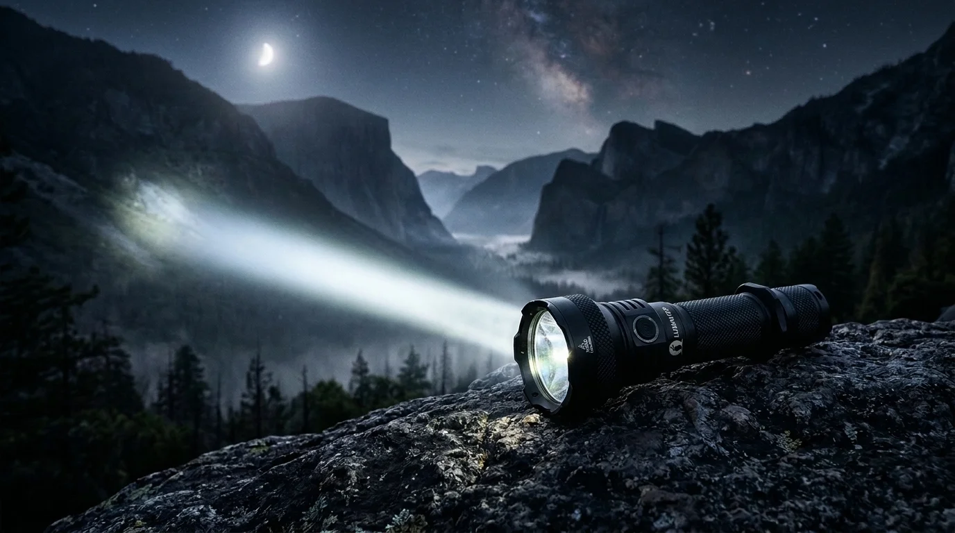 Lumintop high-performance tactical flashlight shooting intense beam across misty mountain valley at night