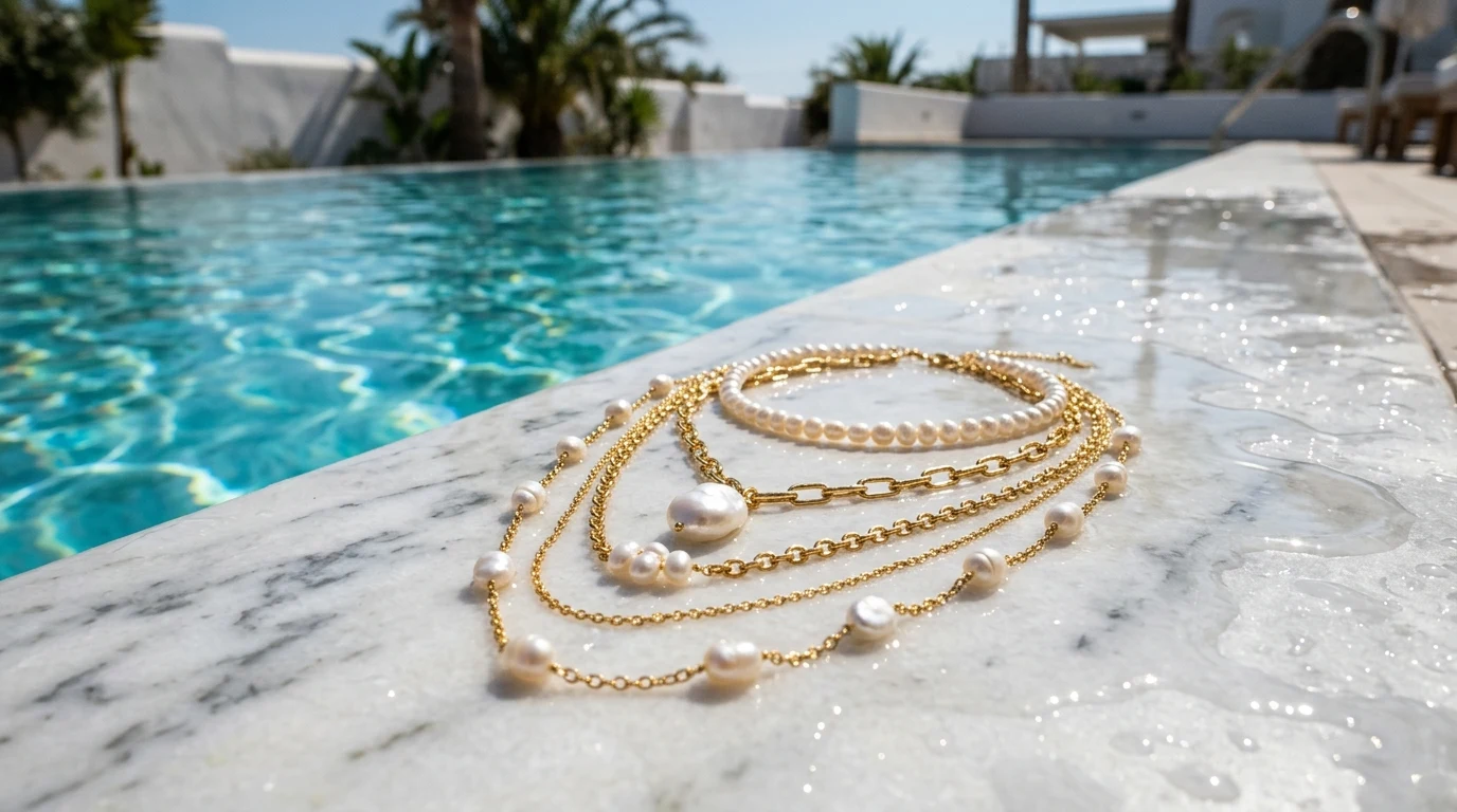 MaiaMina tarnish-free waterproof gold necklaces and organic freshwater pearl pendants poolside in warm sunlight