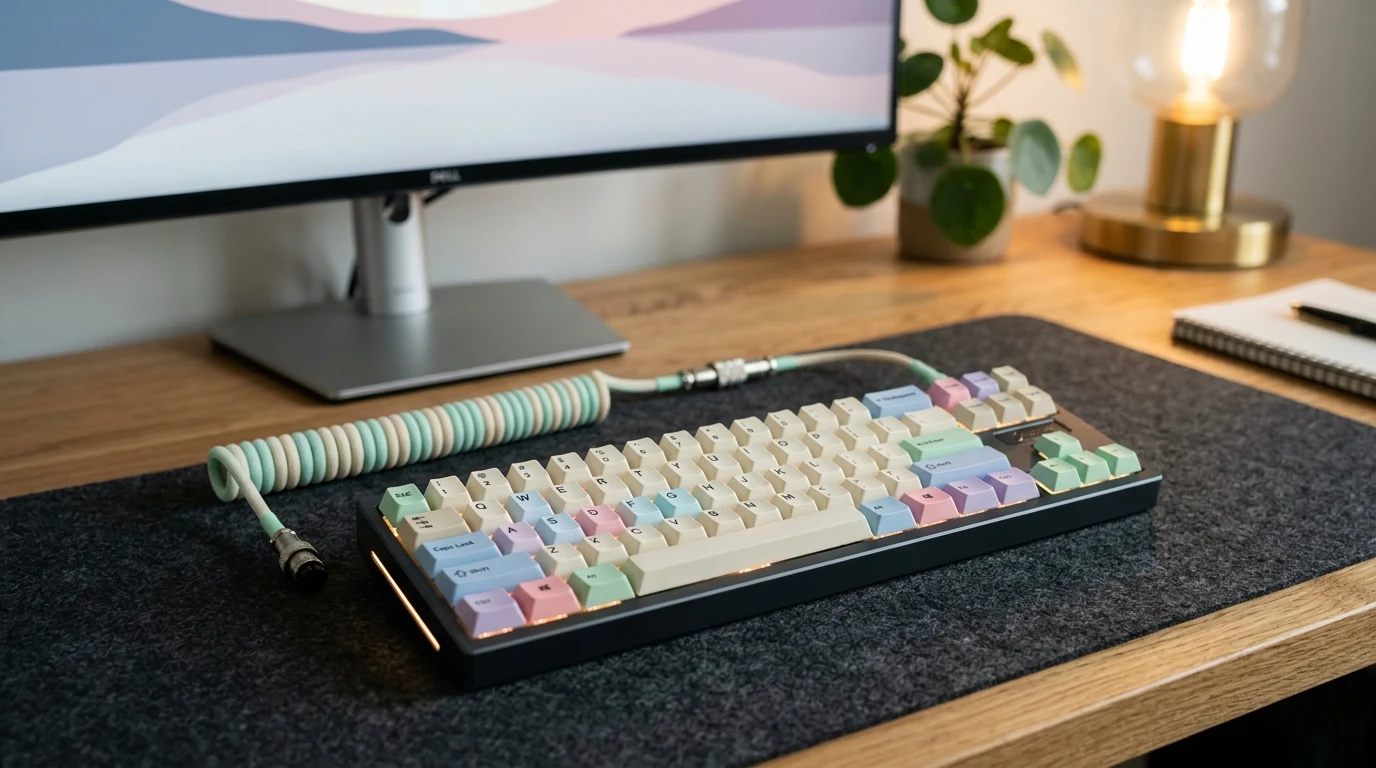 Enthusiast custom mechanical keyboard with colorful PBT keycaps and coiled aviator cable on a clean desk