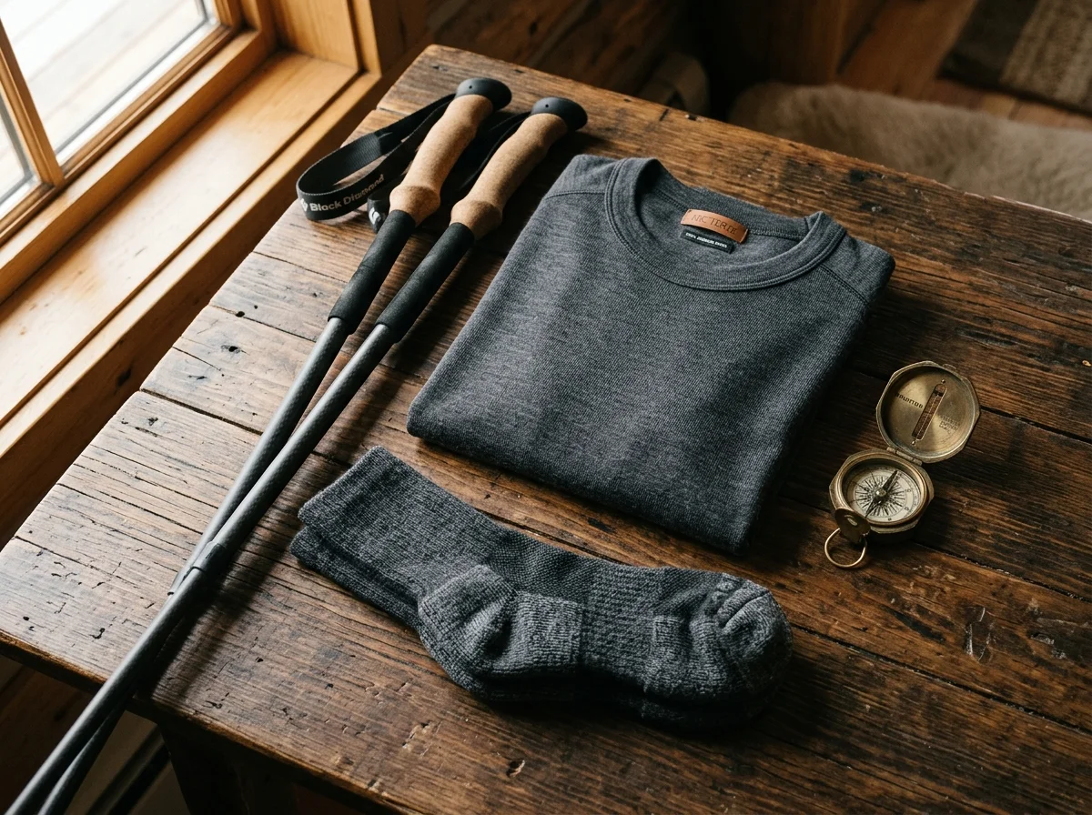 Outdoor adventure flatlay with charcoal Merino wool base layer, hiking socks, trekking poles, and compass