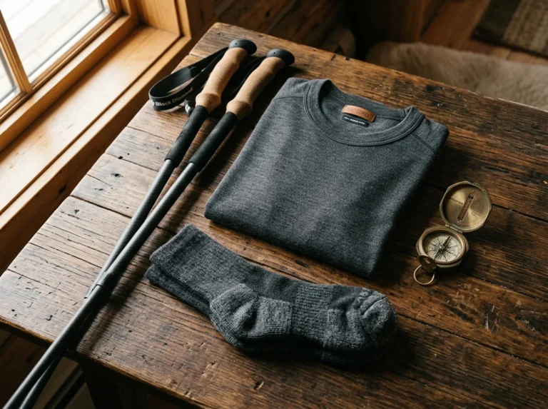 Merino Tech 100 percent merino wool base layer shirt and Smartwool wool hiking socks in an outdoor alpine cabin flatlay