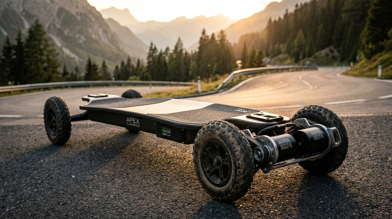 Onsra Black Carve direct-drive electric skateboard and Meepo street board parked on a scenic mountain road at sunset