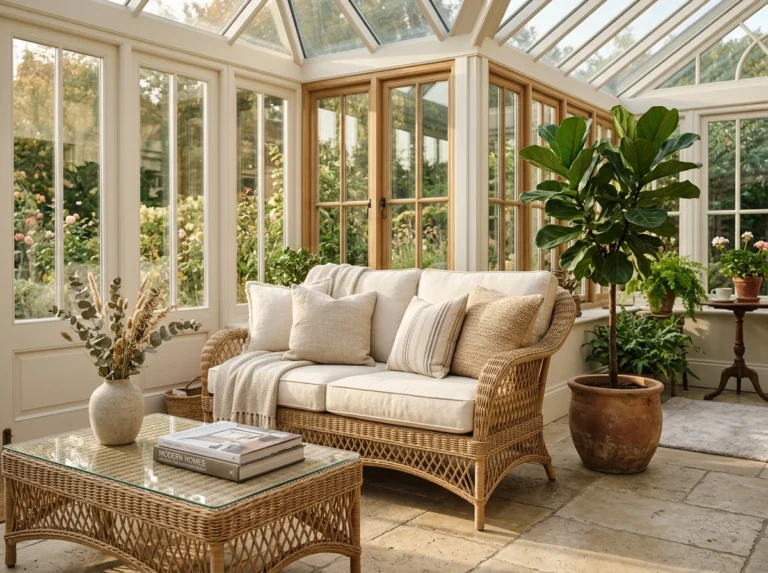 Orsina handcrafted natural rattan conservatory sofa and West Elm modern boho furniture in a bright coastal sunroom