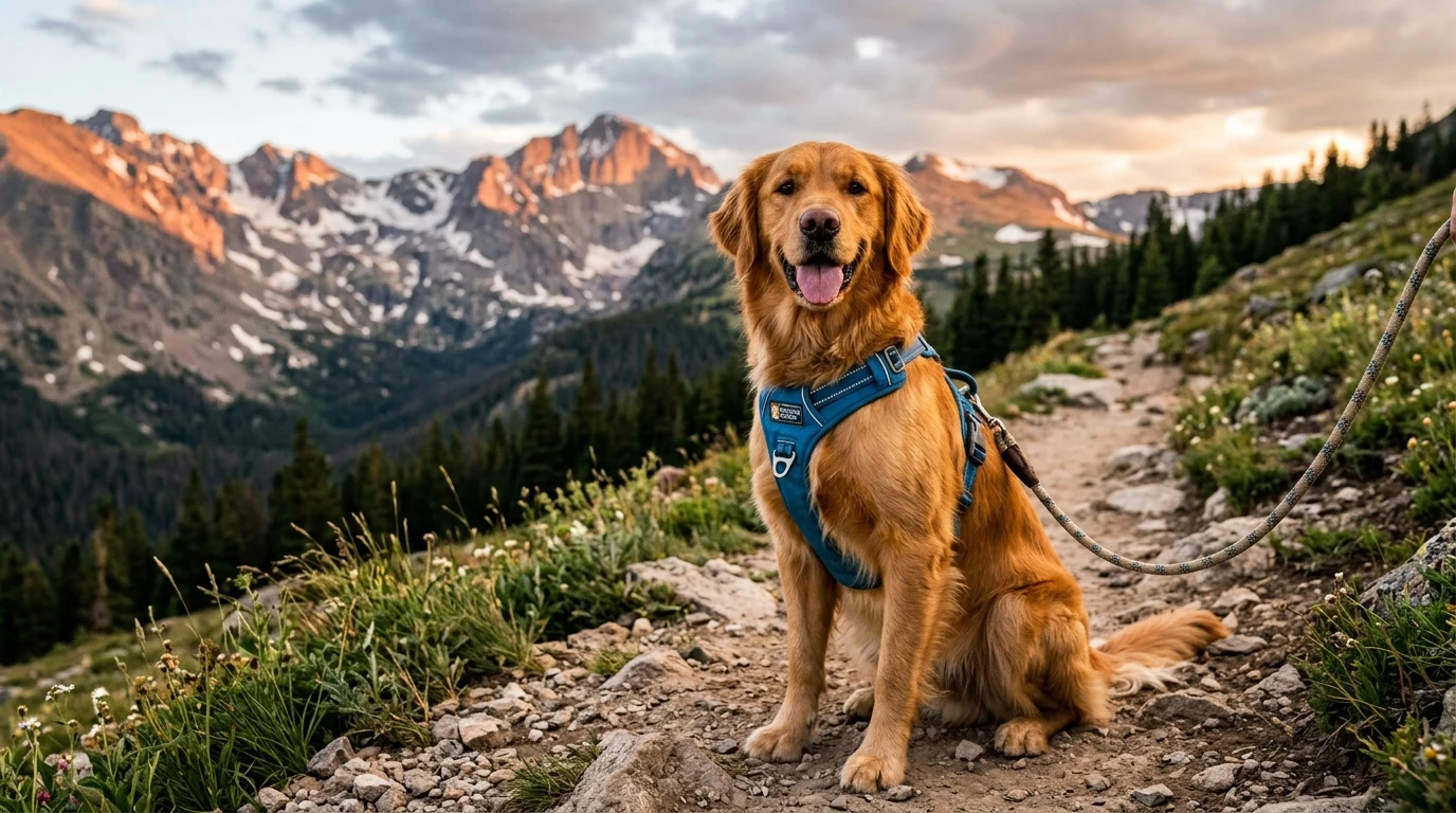 Golden retriever wearing padded alpine hiking harness and climbing rope leash resting on an alpine mountain peak
