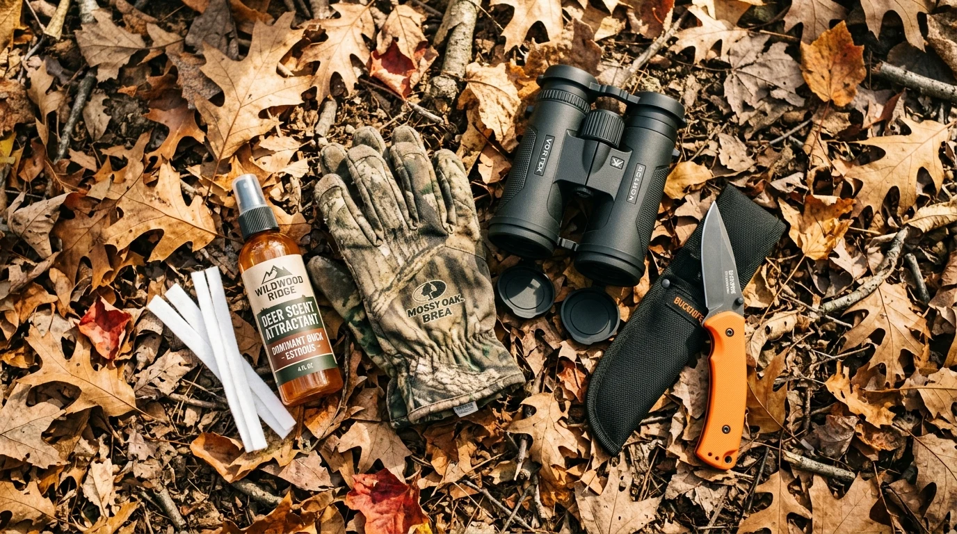 Synthetic deer scents attractants and camouflage hunting gear flatlay on rustic wooden outdoor cabin table