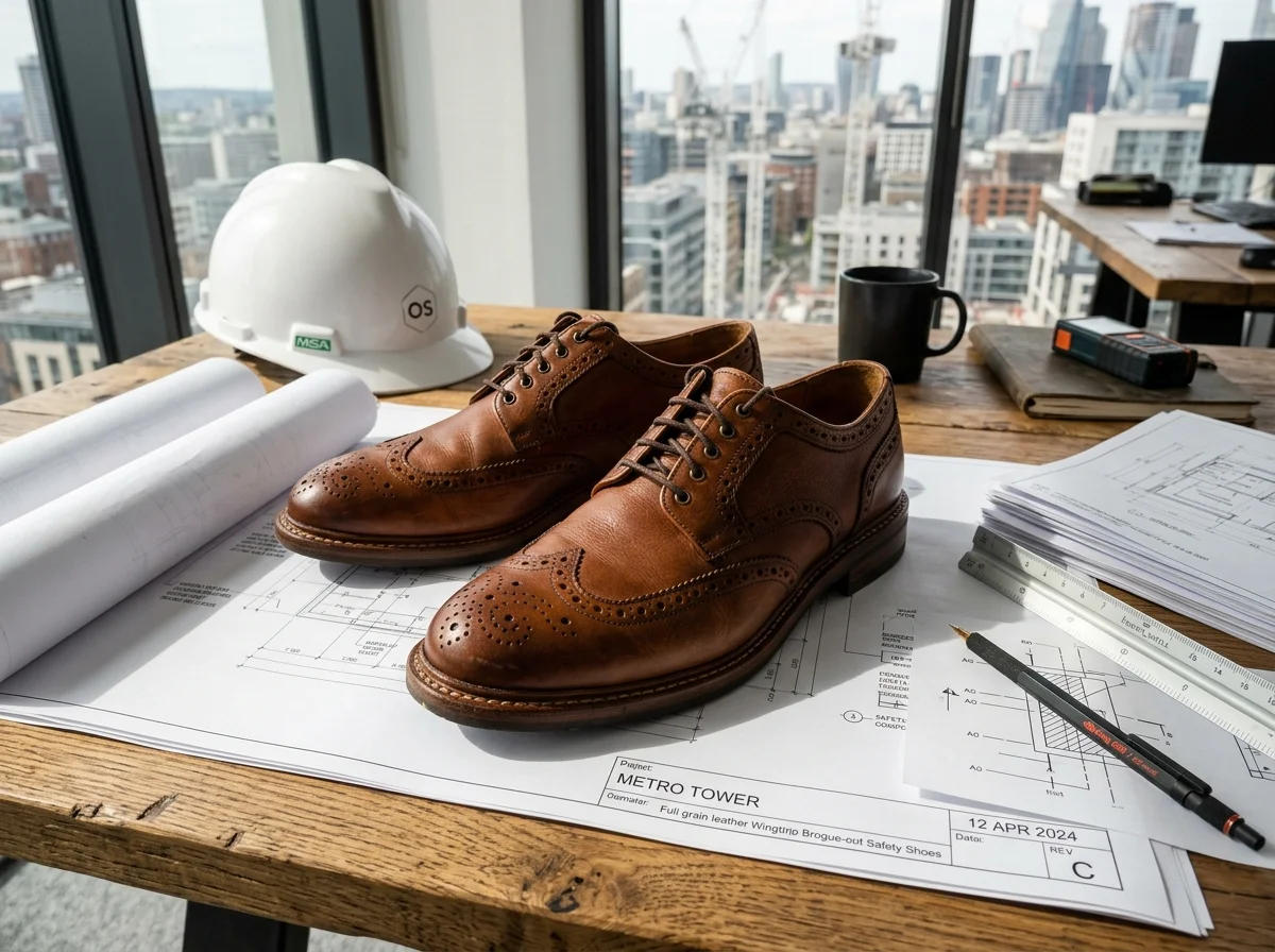 Cognac brown leather brogue safety dress shoes on architectural blueprints with white hard hat