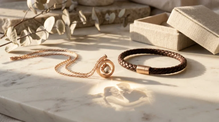 Rose gold photo projection pendant necklace projecting a heartwarming miniature photograph on marble