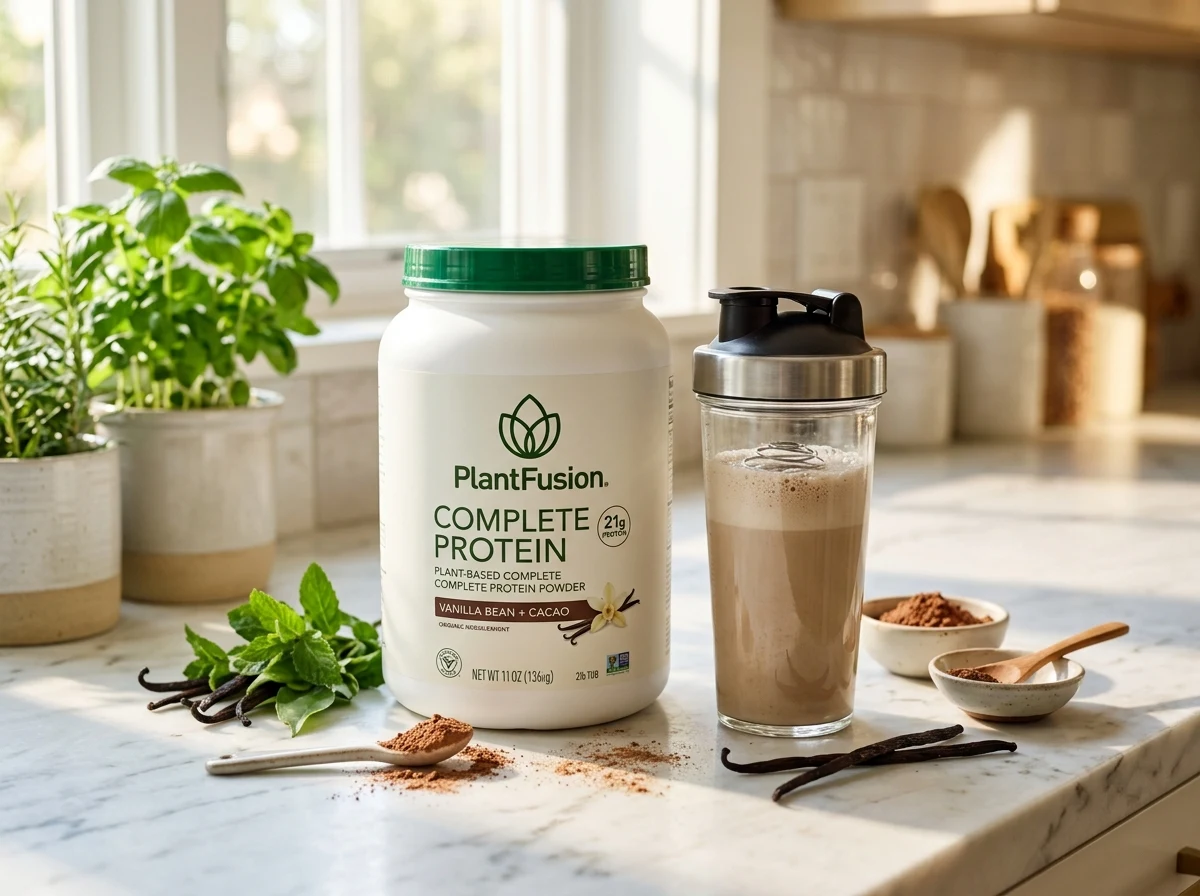 PlantFusion plant-based complete protein powder tub next to Vega Sport protein shake and fresh fruits on a marble kitchen counter