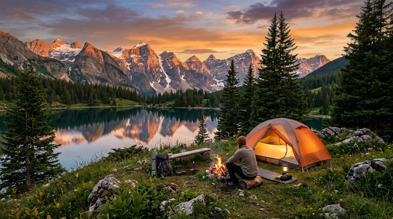Scenic alpine campsite at sunset with illuminated dome tent beside pine trees and calm mountain lake