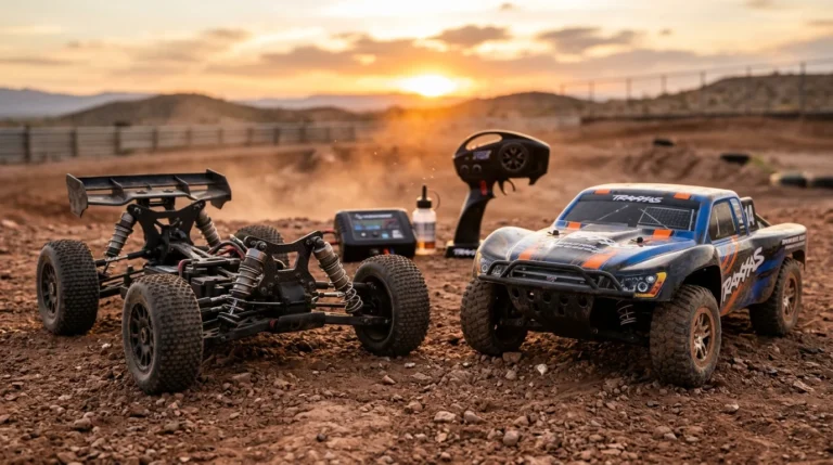 High performance brushless RC desert buggy and short-course truck on dusty off-road track at golden hour sunset