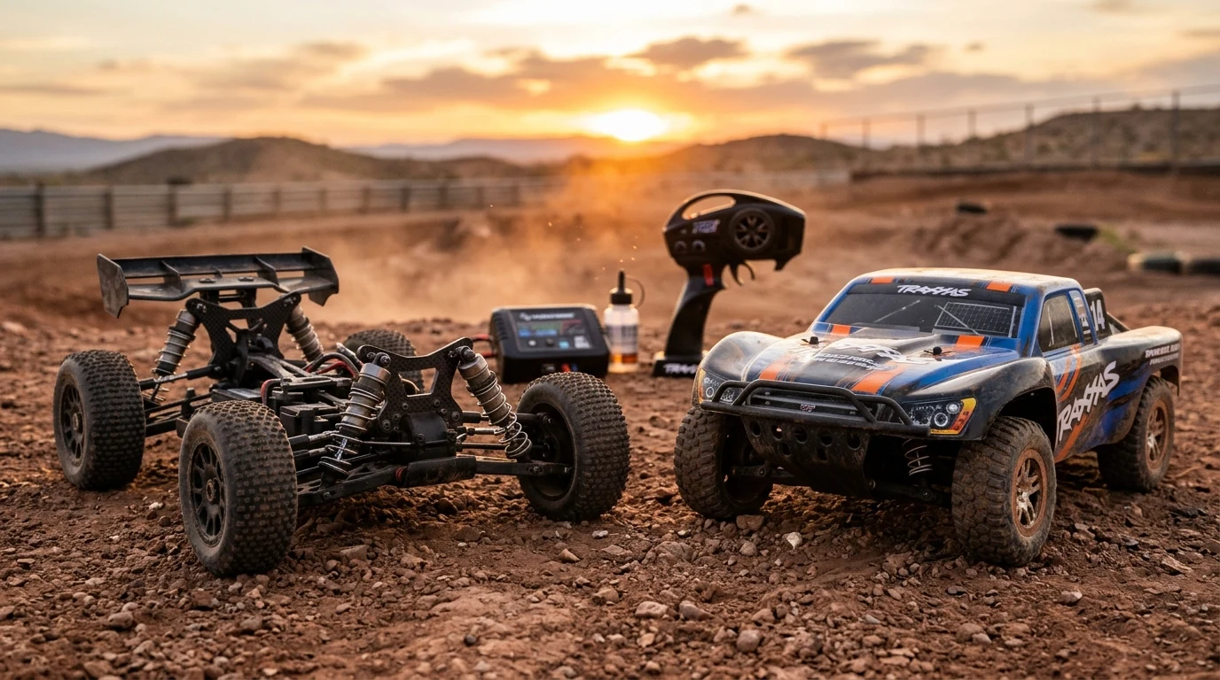 High performance brushless RC desert buggy and short-course truck on dusty off-road track at golden hour sunset