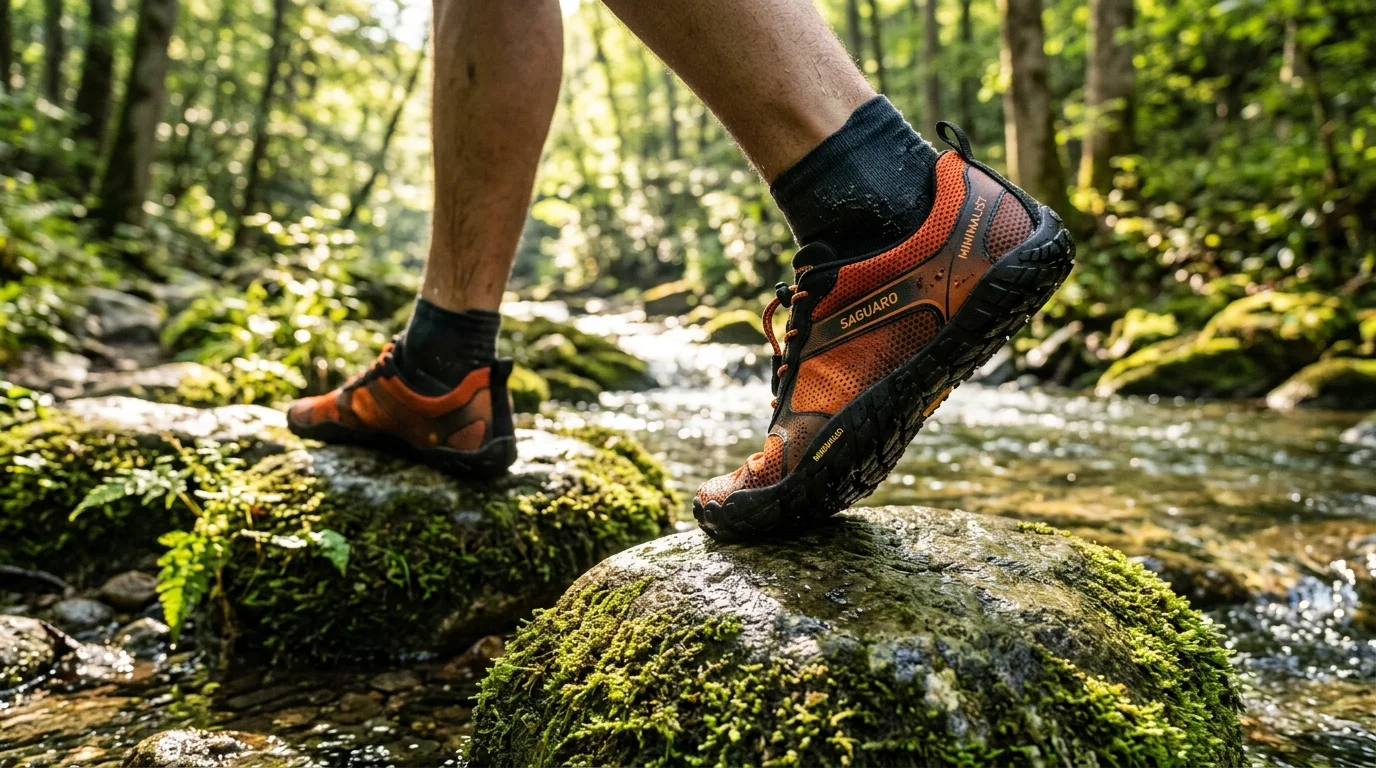 Runner in orange and black SAGUARO zero-drop barefoot trail shoes stepping on forest creek stones