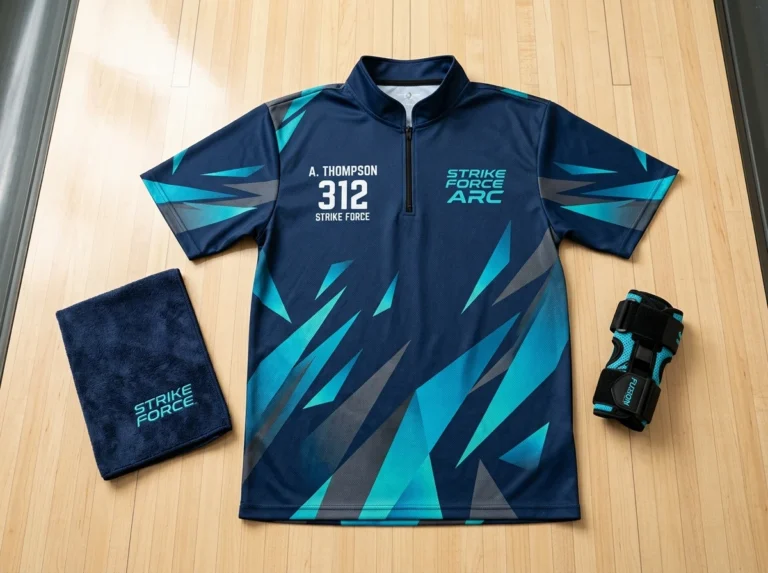 Savalino sublimated performance bowling jersey with quarter-zip collar and Hammer bowling apparel on a wooden locker room bench
