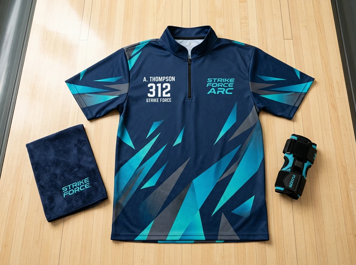 Savalino sublimated performance bowling jersey with quarter-zip collar and Hammer bowling apparel on a wooden locker room bench