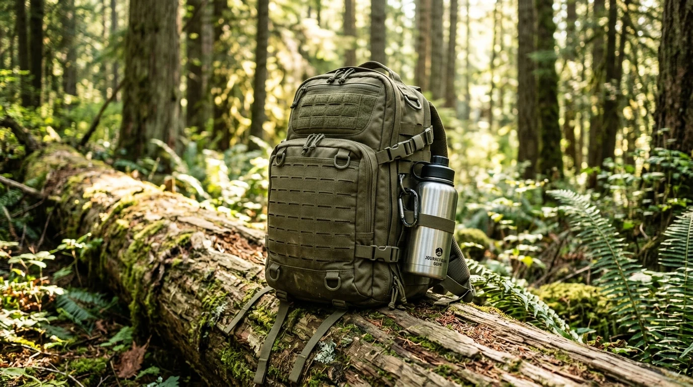 Seibertron tactical MOLLE outdoor backpack and Mechanix tactical assault gloves on a forest trail bench