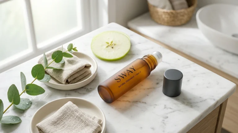 Sway natural apple cider vinegar roll-on deodorant and Native aluminum-free stick on a marble bathroom vanity