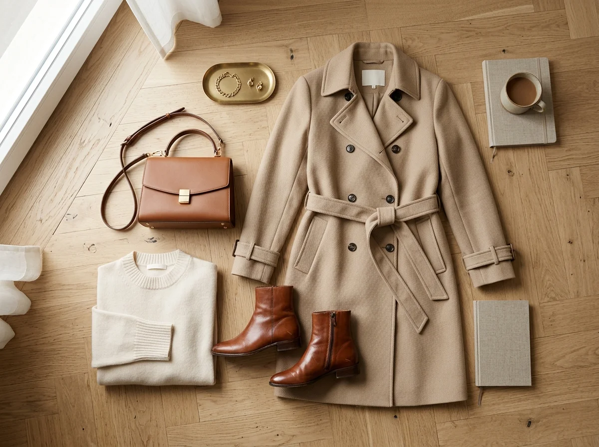 Chic fashion flatlay featuring tailored beige trench coat, knit sweater, leather bag, and ankle boots