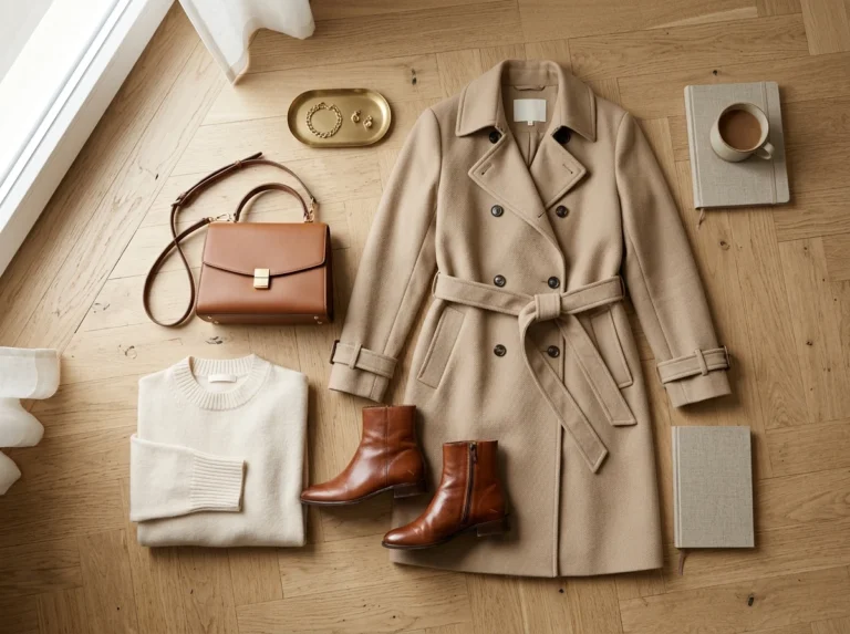 Contemporary women's camel wool wrap coat and autumn capsule wardrobe styling flatlay on light wood floor