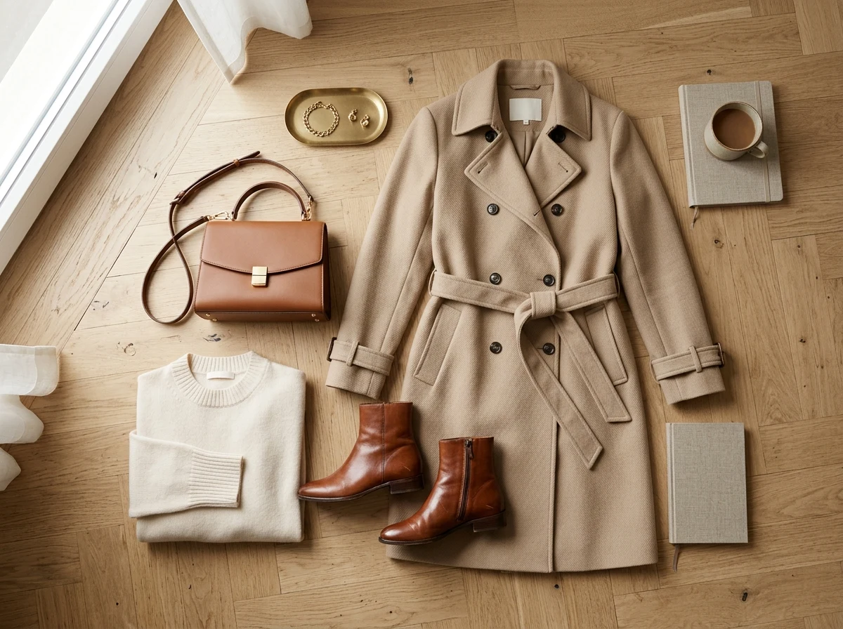 Contemporary women's camel wool wrap coat and autumn capsule wardrobe styling flatlay on light wood floor