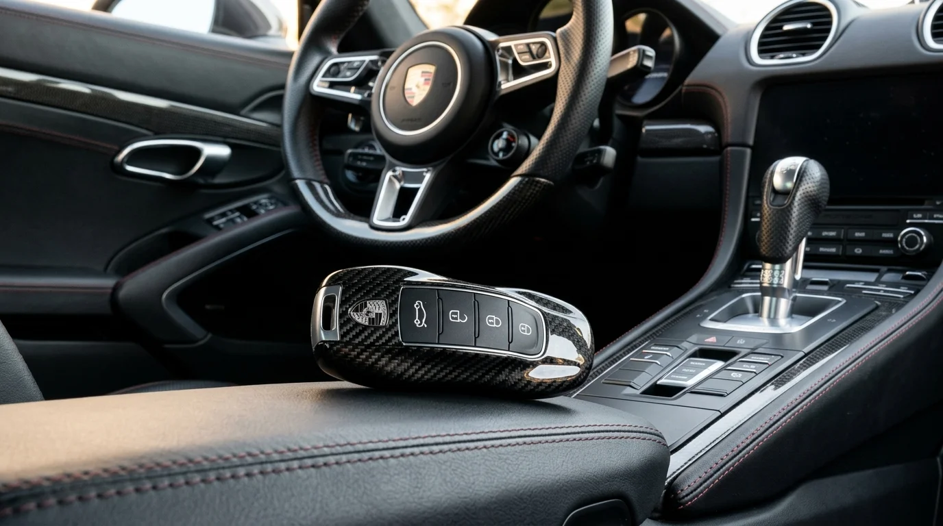 T-Carbon real carbon fiber key fob cover case resting on leather console in luxury sports car