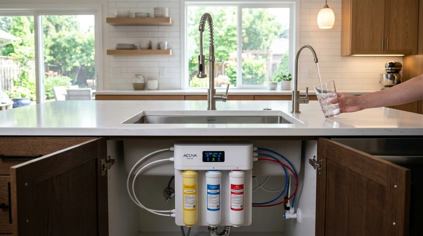 Modern under-sink tankless reverse osmosis water filtration system with smart digital faucet