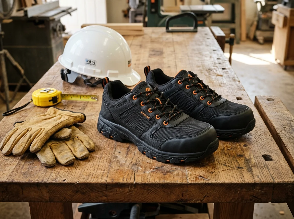 Industrial workshop flatlay with modern steel-toe safety sneakers, leather gloves, and hard hat
