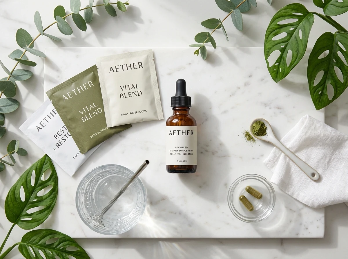Herbal wellness and organic botanicals flatlay with clean natural glass jars on marble surface