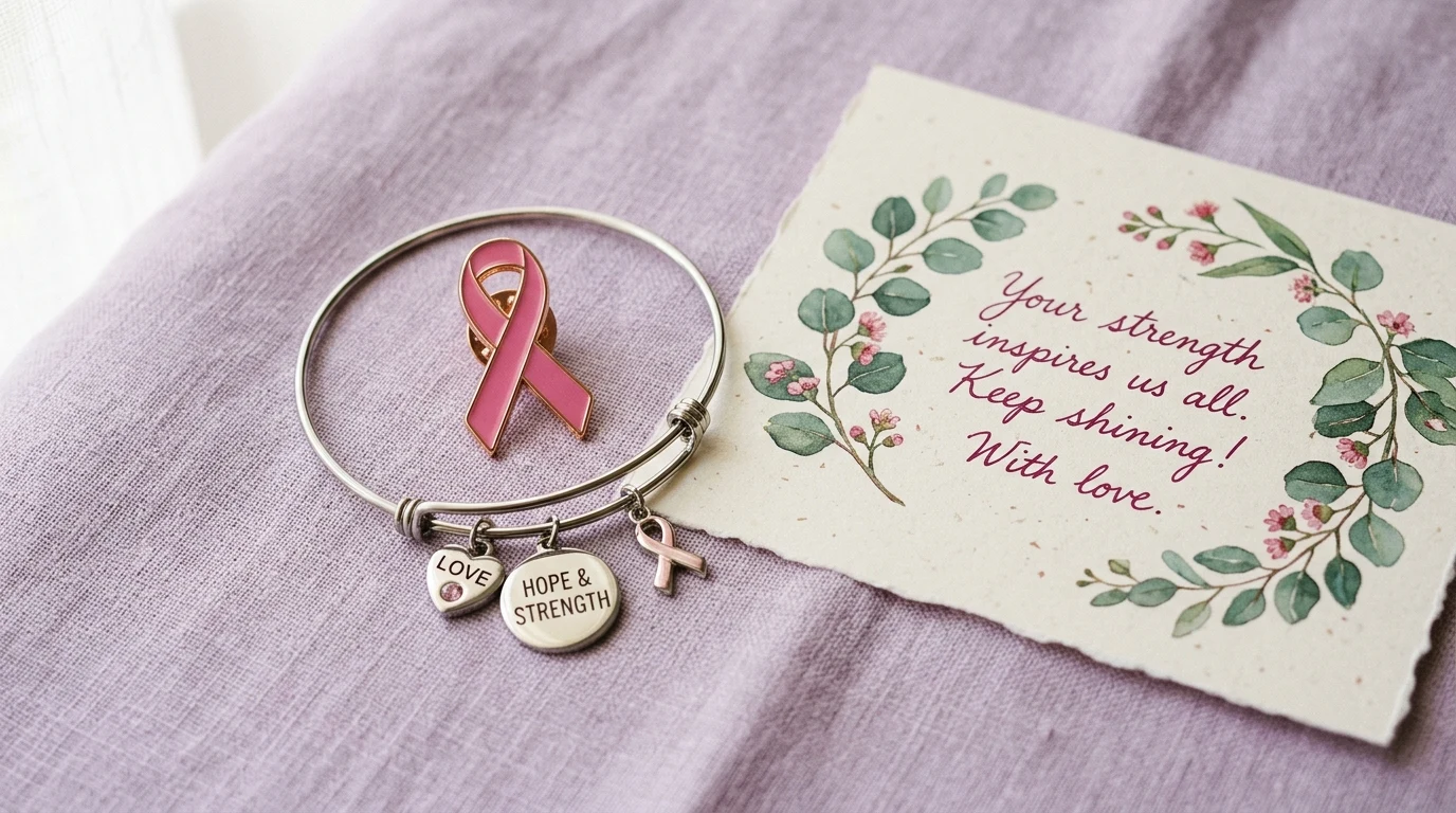 The Awareness Store cause-marketing inspirational charm bangle pin and gift packaging flatlay on rustic wood
