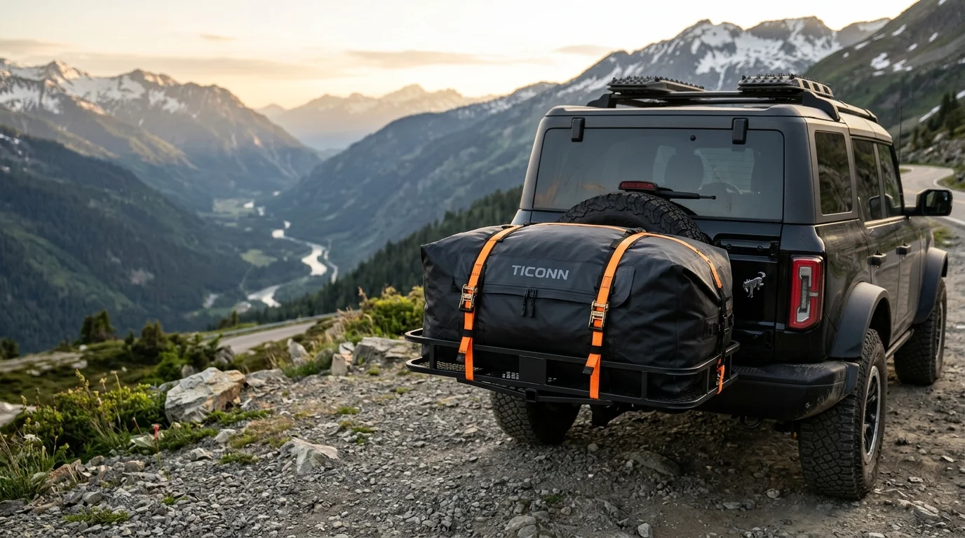 TICONN heavy-duty waterproof hitch cargo carrier bag strapped to SUV rear rack on scenic overlook