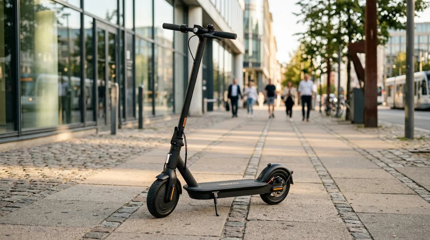 Sleek matte black WeRoll commuter electric scooter parked beside modern glass office building