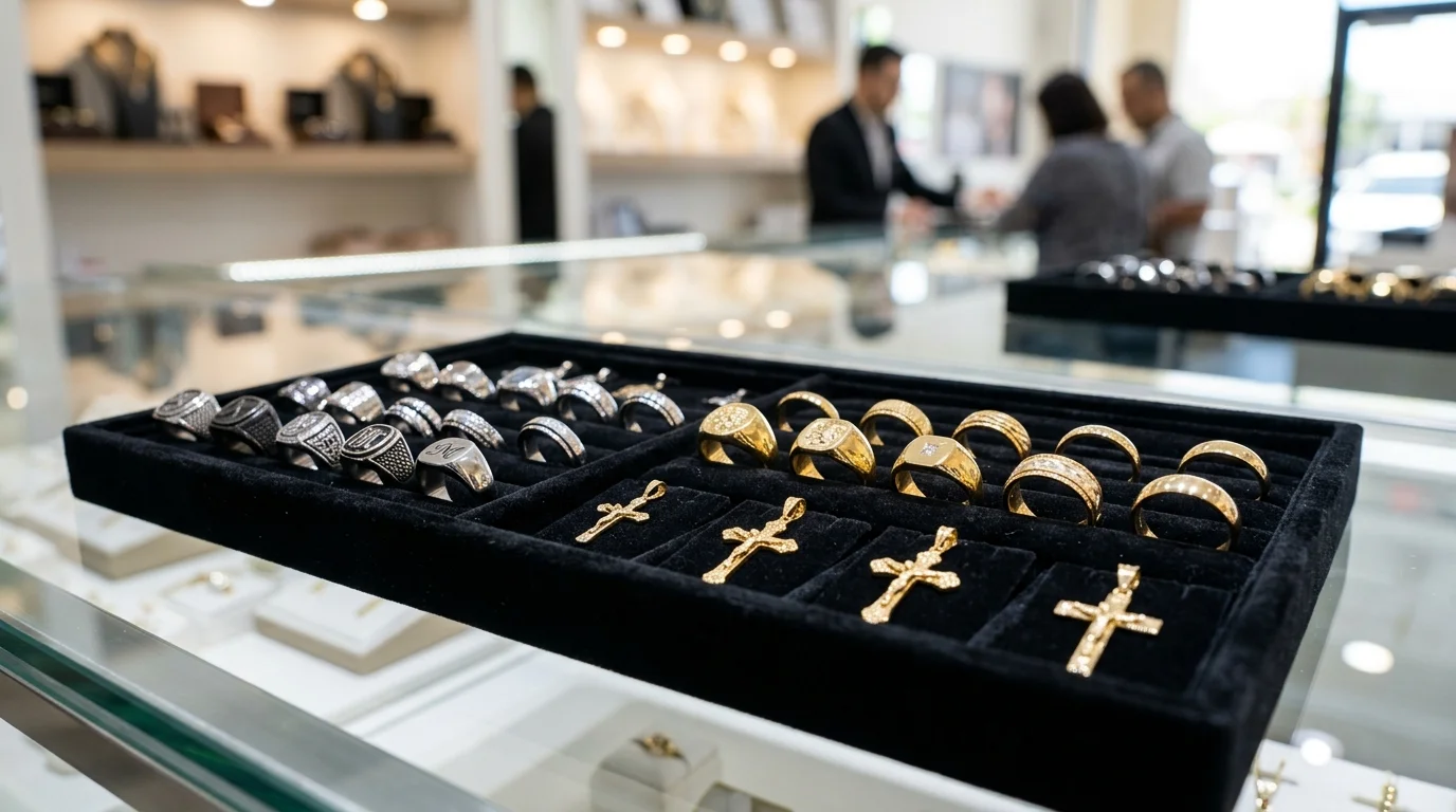 Black velvet partitioned jewelry display tray with stainless steel and gold-tone signet rings and pendants