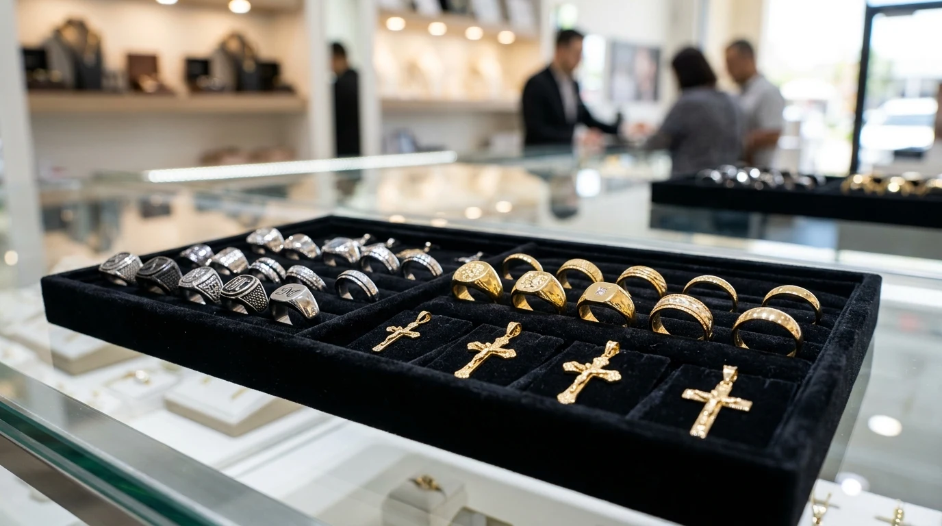 Commercial wholesale showcase of 316L stainless steel and gold tone signet rings and display trays