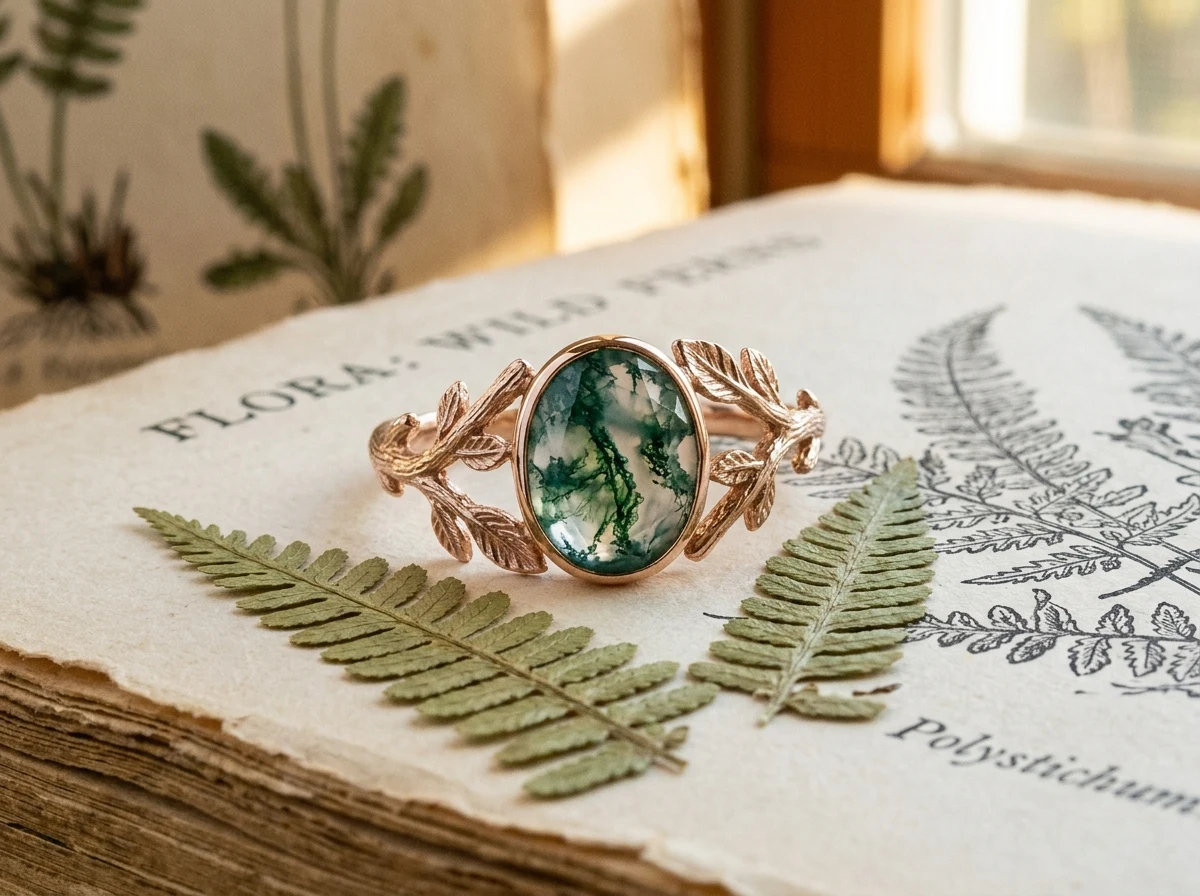 Handcrafted 14k rose gold botanical branch engagement ring with green moss agate and diamond halo on dark moss surface