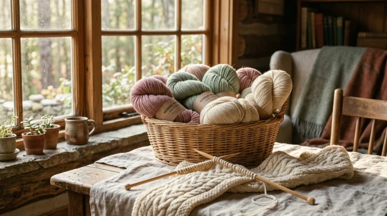 Woolove soft pure merino wool yarn skeins and Lion Brand acrylic wool blend yarn on a knitting craft table with wooden needles
