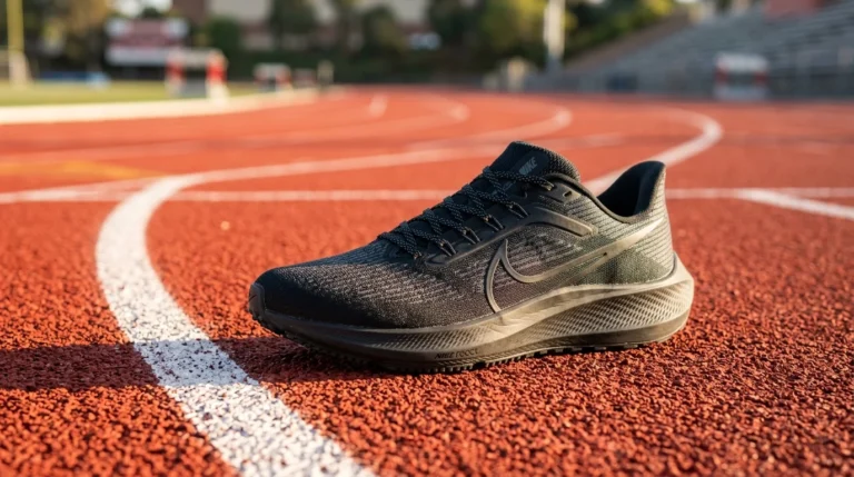 Xpand flat elastic no-tie shoelaces installed on running sneakers next to Lock Laces bungee cords on a running track