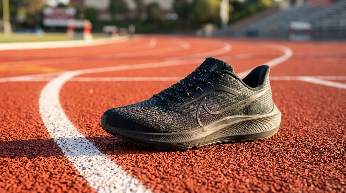 Xpand flat elastic no-tie shoelaces installed on running sneakers next to Lock Laces bungee cords on a running track