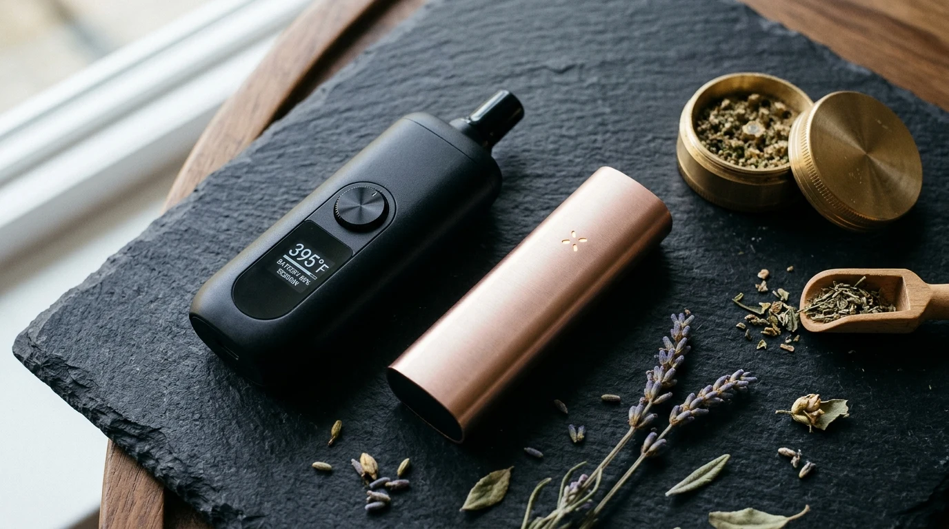Matte black portable dry herb vaporizer with digital OLED screen next to brushed rose gold vape and brass grinder on slate